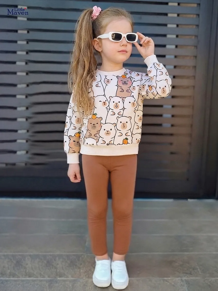 Little Maven Ensemble d'Automne 2 Pièces pour Petites Filles Sweat-shirt Imprimé Capybara Manches Longues et Leggings Marron Tenue Décontractée pour Enfants