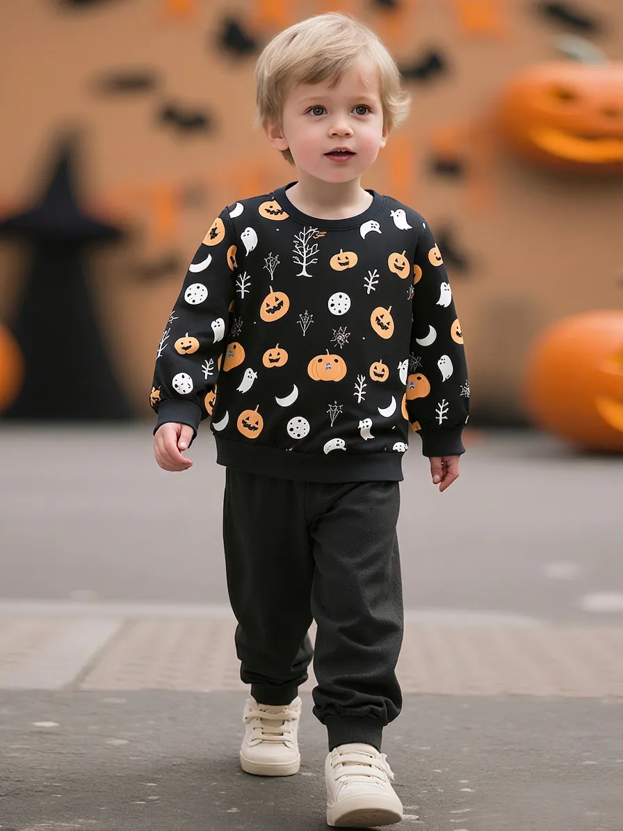 Ensemble de Vêtements Halloween pour Garçons Imprimé Citrouille Fantôme Sweat-shirt à Manches Longues et Pantalon Deux Pièces