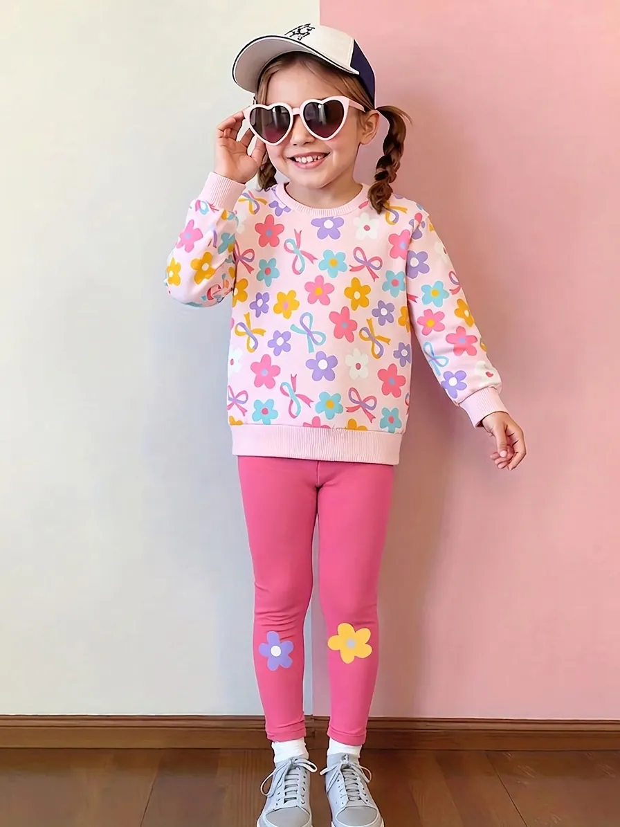 Completo Autunnale da Ragazza in Poliestere Spandex Con Stampa Floreale Felpa e Pantaloni a Maniche Lunghe Outfit per Bambini