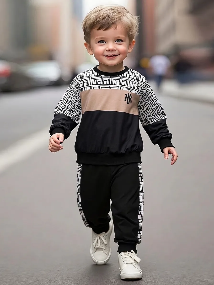 Boys Sporty Tracksuit Set Geometric Print Long Sleeve Top And Pants Casual Color Block Two Piece Fall Outfit For Kids