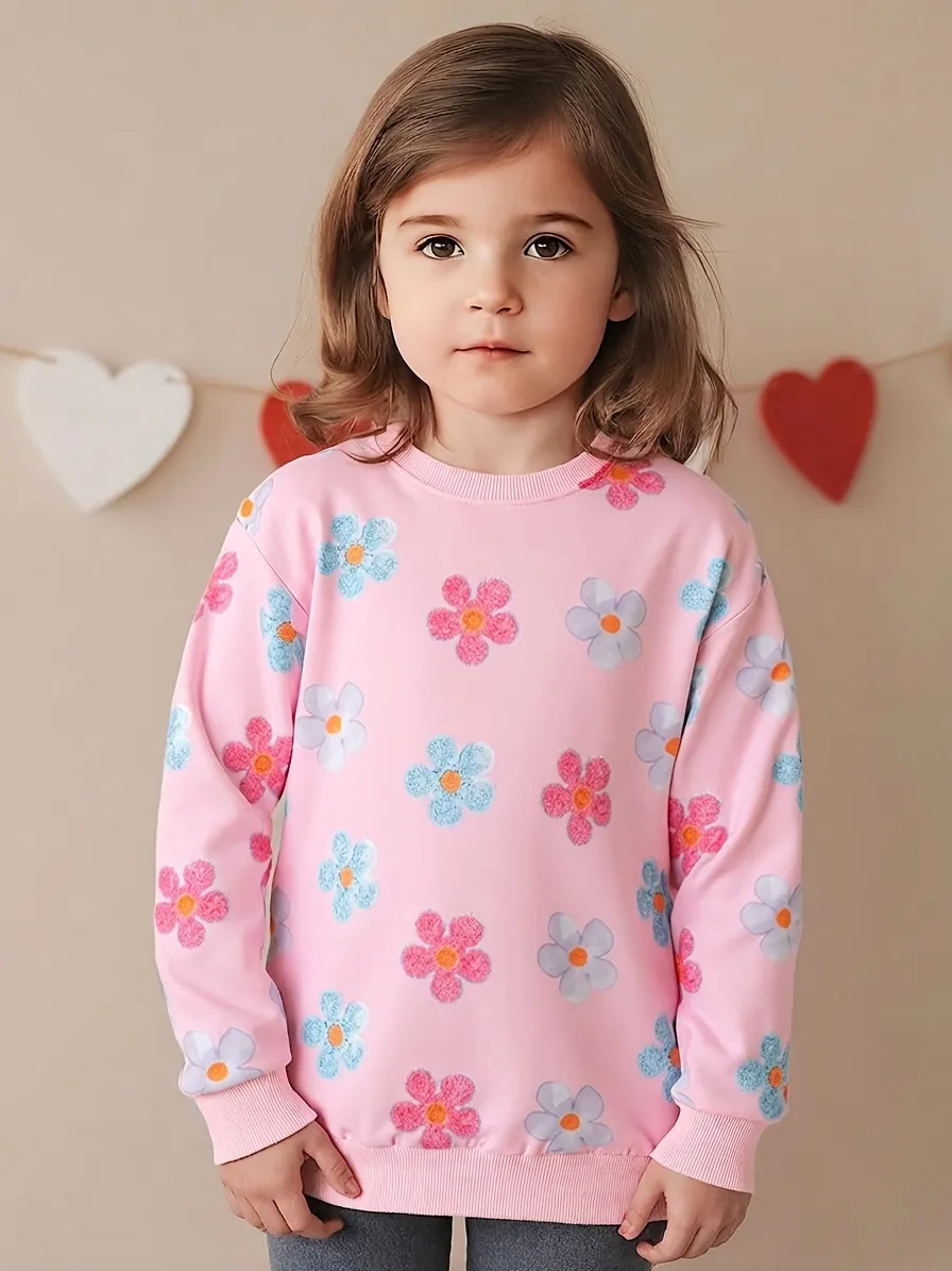 Girls Pink Floral Printed Long Sleeve Sweatshirt Crew Neck Pullover Top Toddler Kids Casual Autumn Clothing