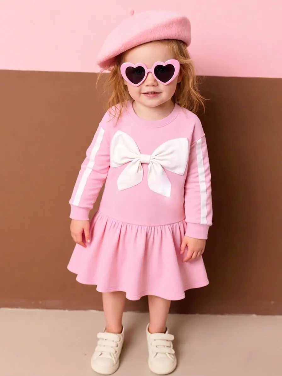Robe Rose à Manches Longues pour Fillettes Avec Grand Nœud Blanc Automne Douce Robe de Princesse à Volants pour Fêtes