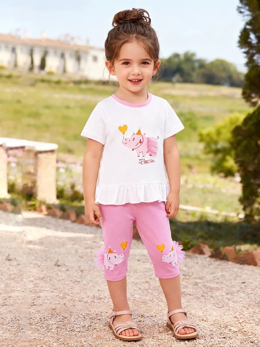 Ensemble de Vêtements d'Été pour Filles T-Shirt à Manches Courtes Imprimé Hippopotame et Pantalon Tutu à Volants 2 Pièces