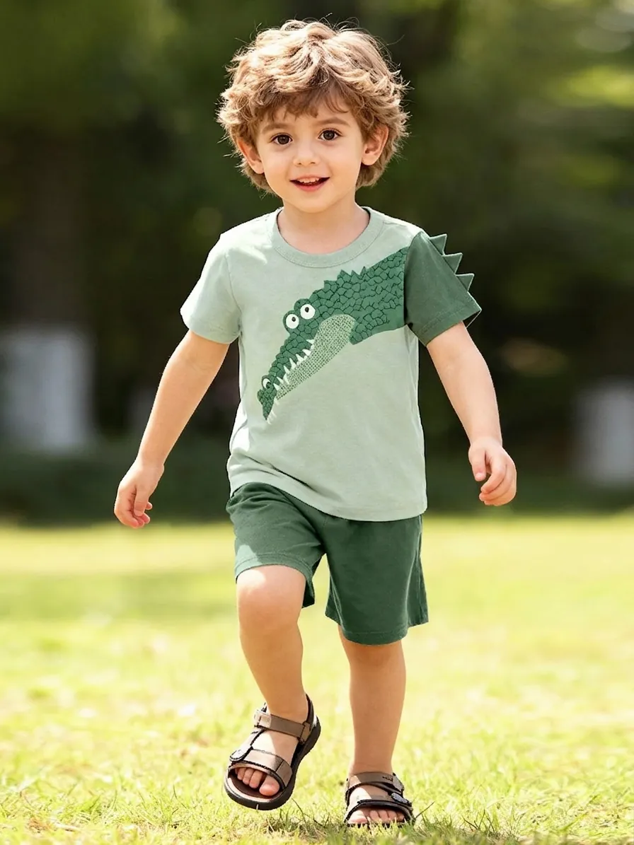 Set di Abbigliamento Estivo per Bambini Maglietta a Maniche Corte con Coccodrillo dei Cartoni Animati e Pantaloncini in Cotone