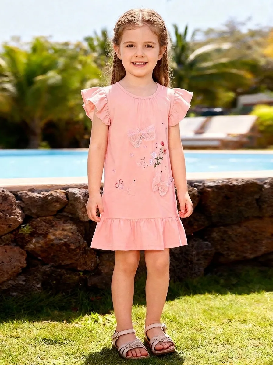 Toddler Girls Pink Cotton Short Sleeve Dress With Floral Embroidery And 3D Mesh Bows Ruffle Hem Summer Princess Party Dress