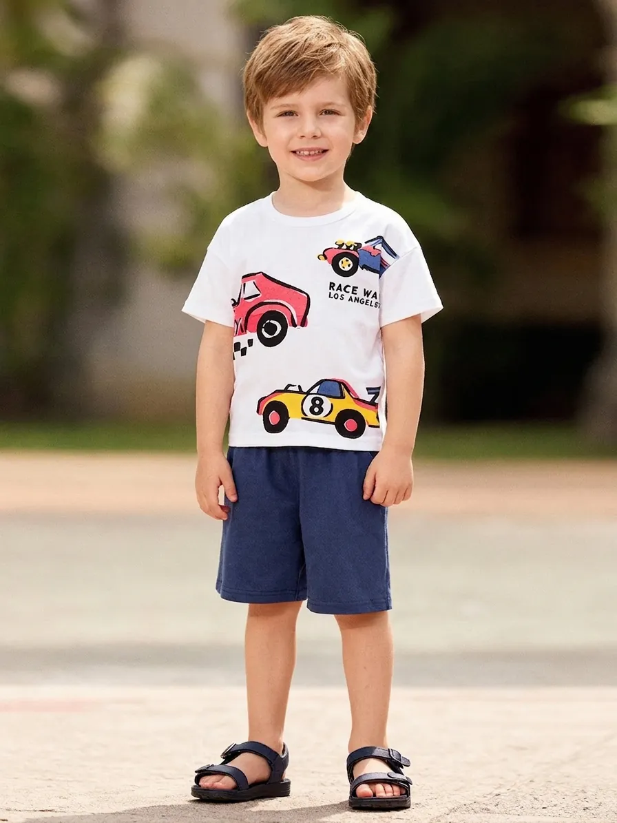 Little Maven Boys Summer Cotton Short Sleeve White Top With Racing Car Print And Navy Shorts Casual Kids Holiday Outfit