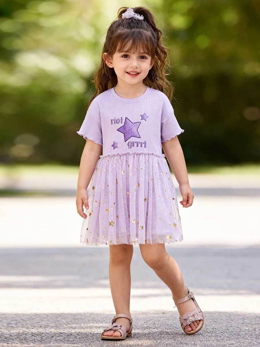 Little Maven Mädchen Sommer Lila Netz Kleid Rippenstrick Top Goldene Stern Pailletten Bestickt Prinzessin Party Kleid