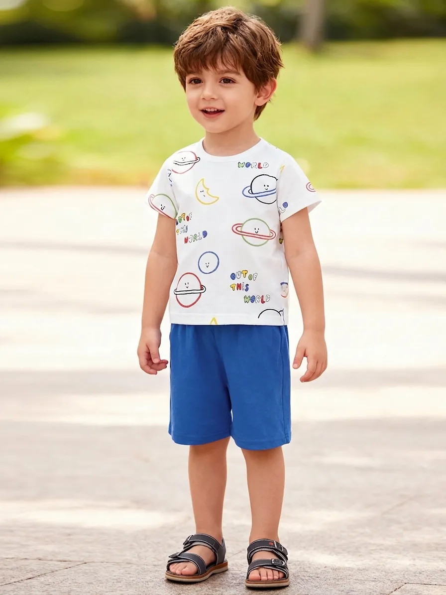 Kids Boys 100% Cotton Summer Clothing Set Space Planet Print White Short Sleeve T-Shirt Blue Shorts 2-Piece Outfit