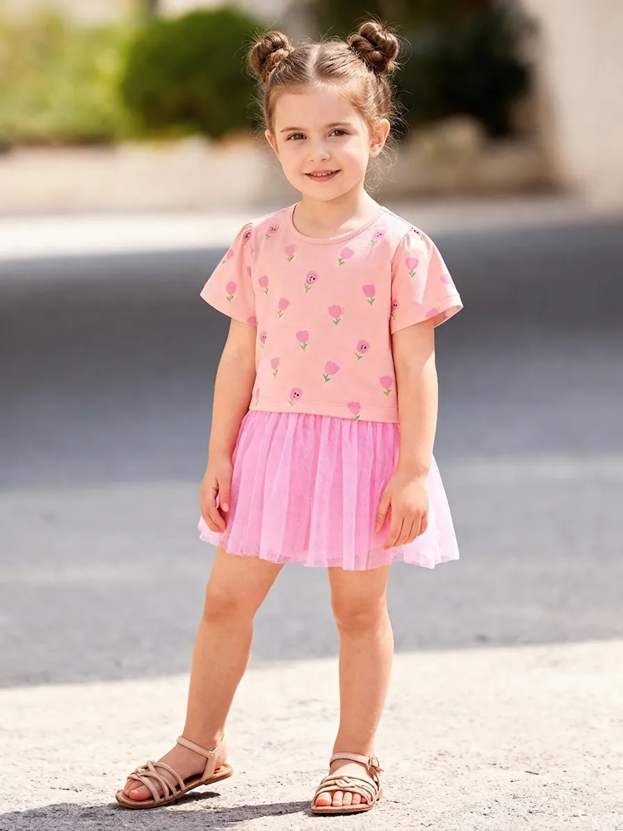 Meisjes Zomer Roze Tulp Print Korte Mouw Katoen Mesh Gesplitst Prinsessenjurk Voor Peuters Kinderen Dagelijkse Feestjurk