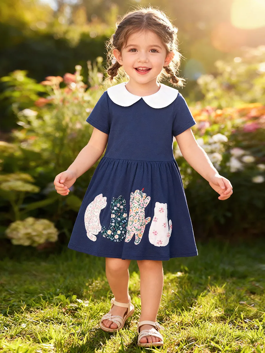 Robe en Coton Bleu Marine à Manches Courtes pour Filles Col Claudine Blanc Appliqué Chat Mignon Patchwork Floral Été Enfant