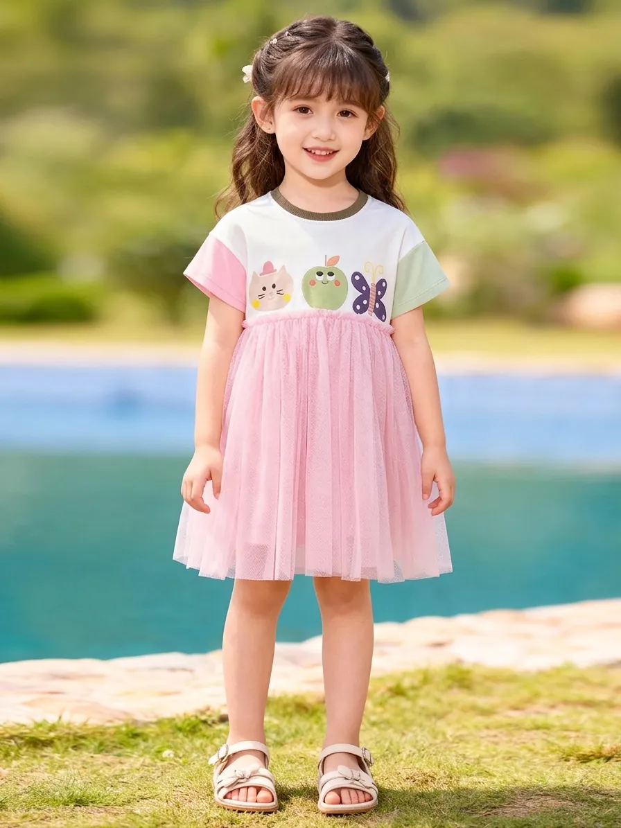 Girls Summer Short Sleeve Mesh Dress Cute Cartoon Cat Printed Cotton Patchwork Princess Tutu Party Dress For Toddler Kids