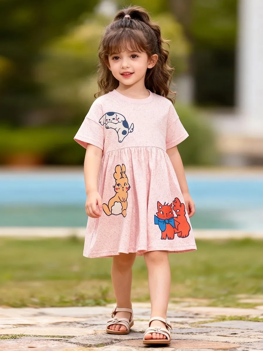 Robe en Coton à Manches Courtes pour Filles Little Maven Dessin Animé Motif Animal Rose Été Taille Froncée Jupe Trapèze