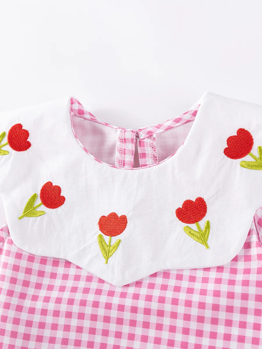 Mädchen Gingham Kleid Ärmellos Peter Pan Kragen Tulpen Applikation Rosa Kariert Polyester Prinzessin Sommerkleid Für Kleinkinder