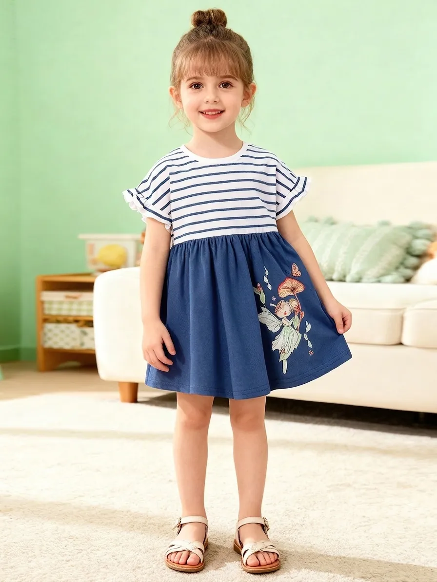 Little Maven Mädchen Baumwollkleid Cartoon Fee Pilz Druck Gestreift Rüschenärmel Sommer Lässig A-Linie Kleid