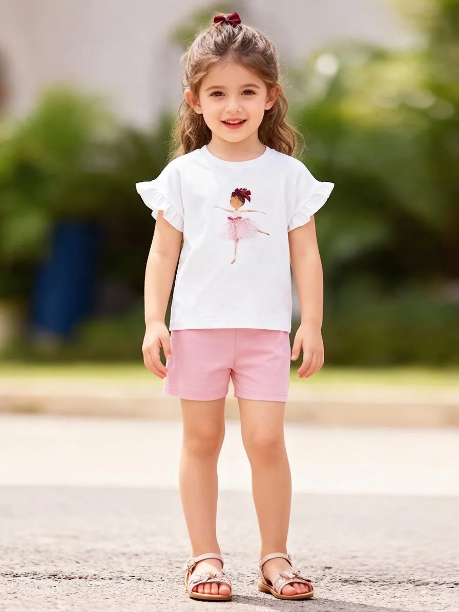 Little Maven Mädchen Sommer Kleidung Set Weiß Baumwolle T-Shirt Rosa Shorts Ballett Mädchen 3D Mesh Rüschenärmel Kinder Outfits