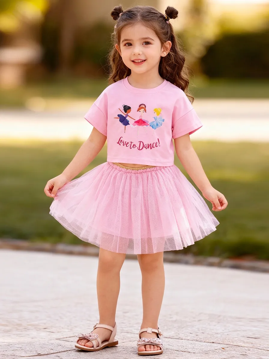 Little Maven Tenue d'Été pour Filles T-Shirt en Coton Rose Imprimé Fille de Ballet Jupe Tutu en Maille Moelleuse