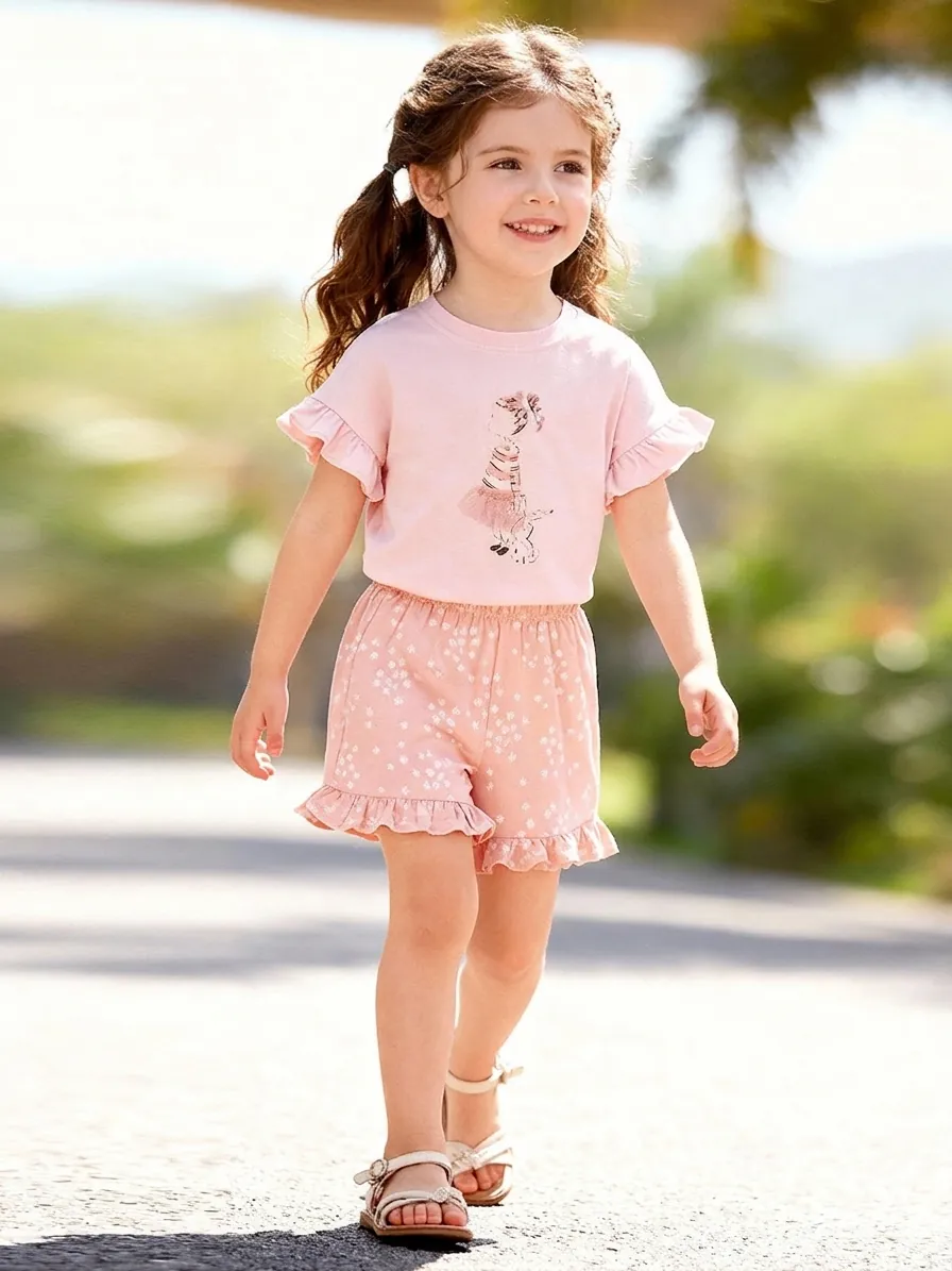 Abbigliamento Estivo per Bambine in Cotone a Maniche Corte Con Top Grafico a Cartoni e Pantaloncini a Fiori Con Volant