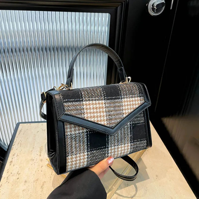 Vintage Plaid Tweed Small Square Bag For Women Fashion PU Leather Patchwork Top Handle Crossbody Shoulder Bag Casual Daily Handbag