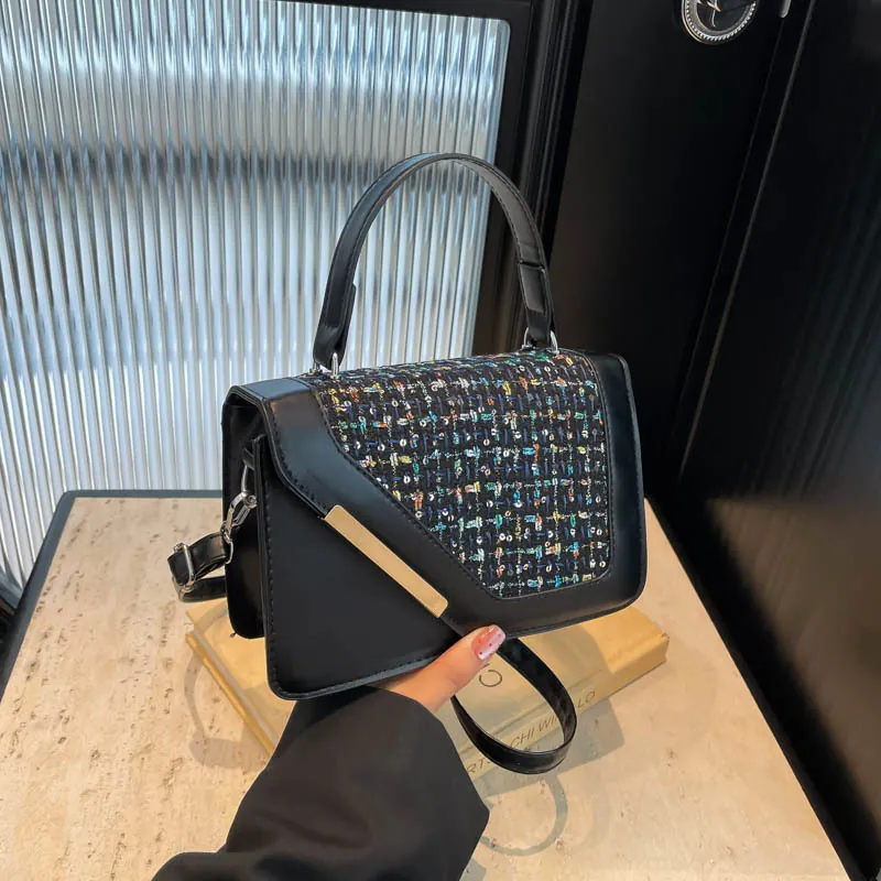 Sac À Bandoulière Femme Cuir PU Tweed Patchwork Petit Sac Carré Porté Épaule Main Décor Barre Métallique Chic