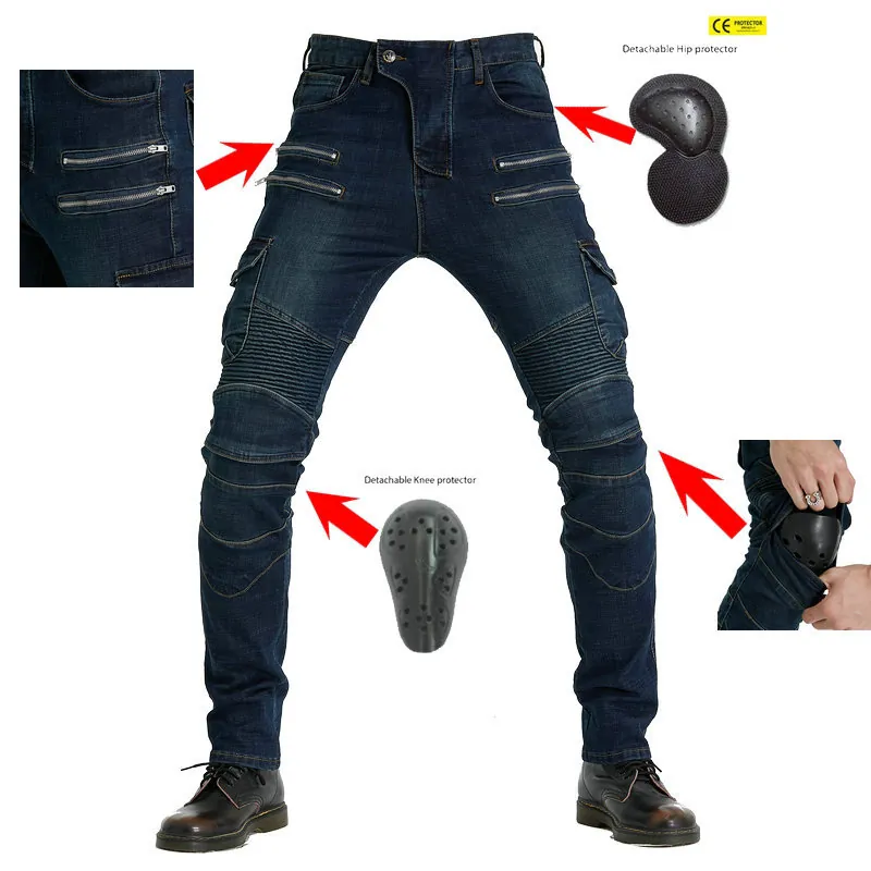Pantaloni da Moto da Uomo in Denim di Cotone Pantaloni da Corsa Protezioni CE Rimovibili Pannelli a Fisarmonica per Motocross