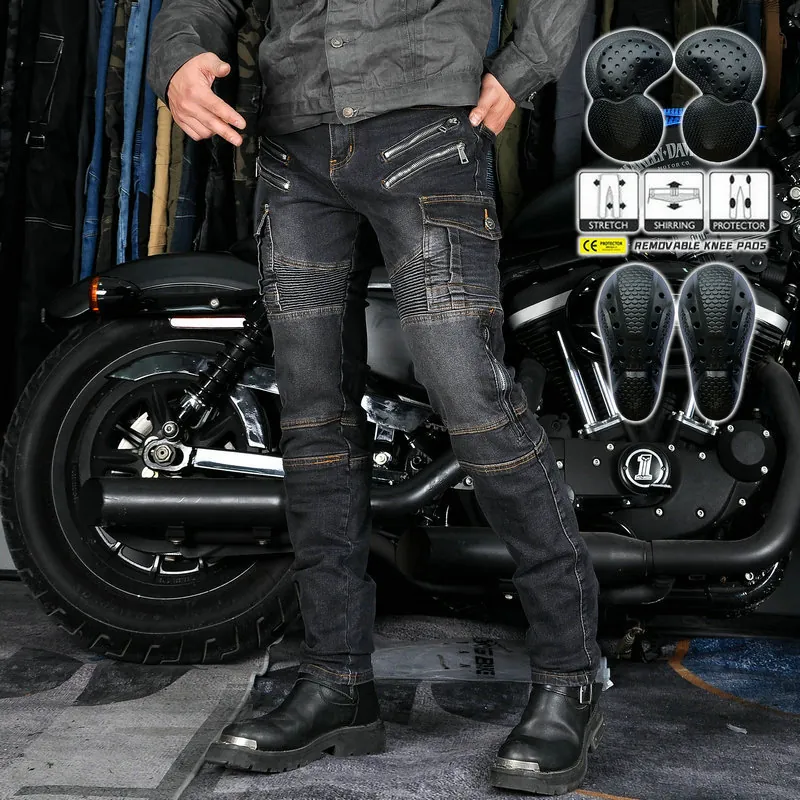 Pantaloni da Moto da Uomo Jeans Protettivi Biker Con Imbottiture Rimovibili Misto Cotone Vintage Denim Cargo