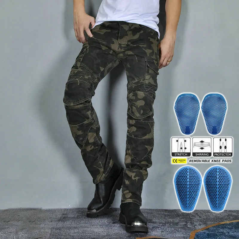 Pantaloni da Moto Mimetici Retrò da Uomo Pantaloni Cargo Tattici Resistenti all'Abrasione Con Protezioni Rimovibili