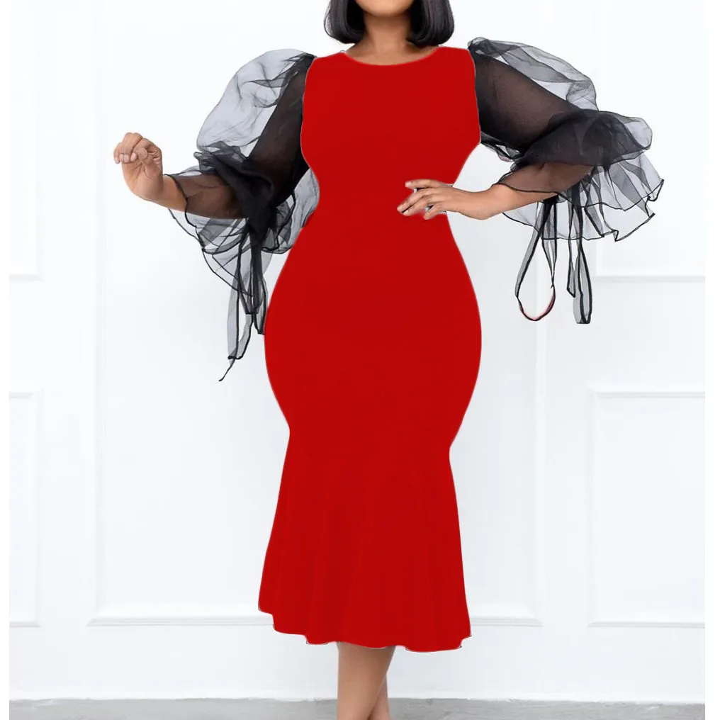 Women Elegant Mesh Patchwork Lantern Sleeve Mermaid Dress Bodycon Mid Length Round Neck Slim Fit Evening Party Gown