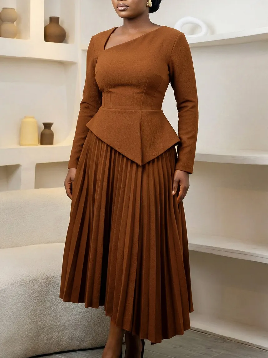 Elegant Asymmetric Neck Long Sleeve Peplum Midi Dress Pleated Asymmetric Hem High Waist A-Line Party Dress For Women