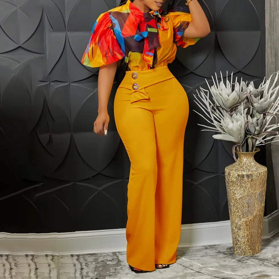 Eleganter Geometrischer Abstrakter Druck Damen Top And Bottom Set Stehkragen Bindebogen Laternenärmel Hemd Hohe Taille Weites Bein Hosen