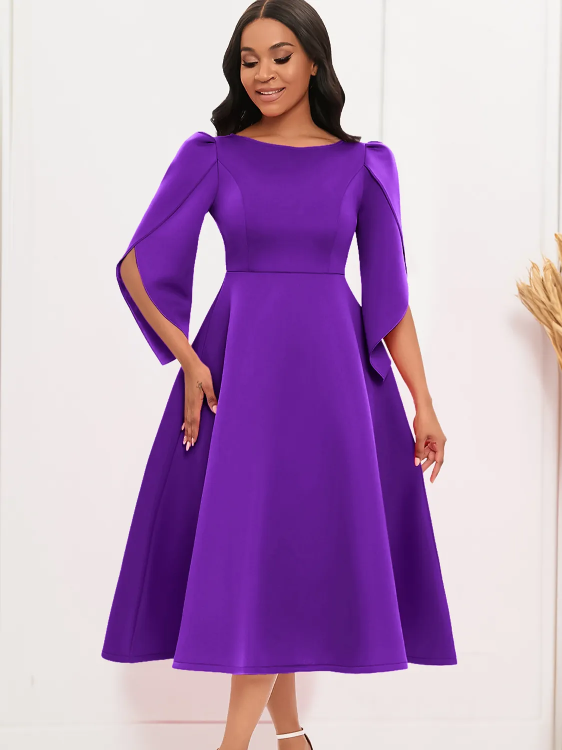 Elegant Women Solid Color Midi Dress Elegant Temperament Round Neck Split Bell Sleeve A-Line Banquet Evening Gown Polyester Dress