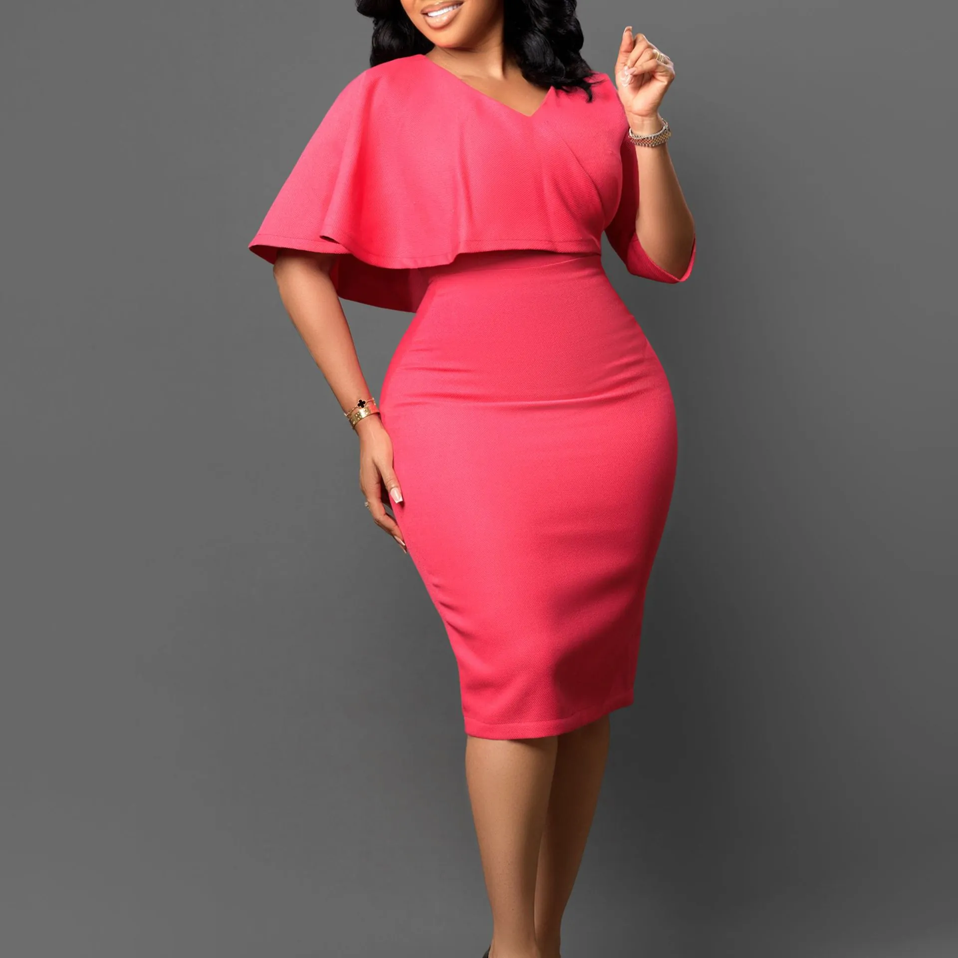 Damen Elegant V-Ausschnitt Capelet Ärmel Bleistiftkleid Einsteckbare Schmale Passform Midi Kleid Business Arbeitskleidung Formelles Partykleid