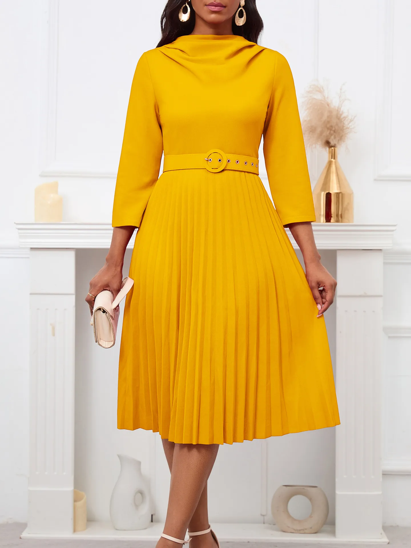 Elegant Women's Pleated Midi Dress Mock Neck 3/4 Sleeve Solid Color Belted Polyester A-Line Dress For Office Banquet Party