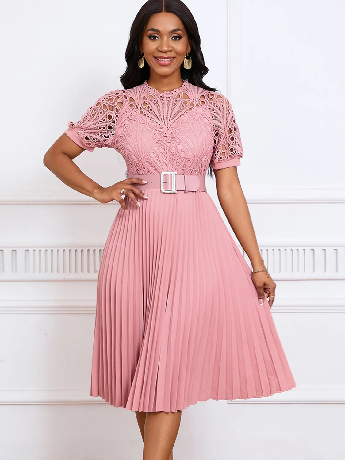 Women Elegant Lace Patchwork Pleated Midi Dress With Belt Round Neck Puff Short Sleeve High Waist A-Line Party Gown