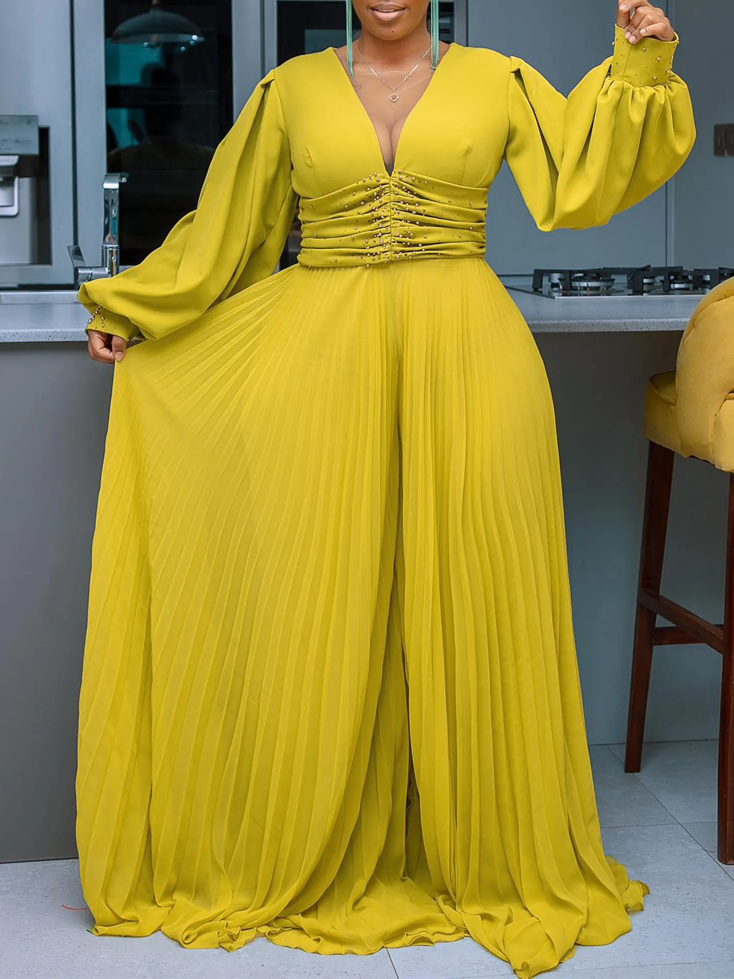 Tuta Elegante da Donna a Gamba Larga Plissettata Mesh Perline Scollo a V Maniche a Lanterna Vita Alta Tuta Lunga Festa