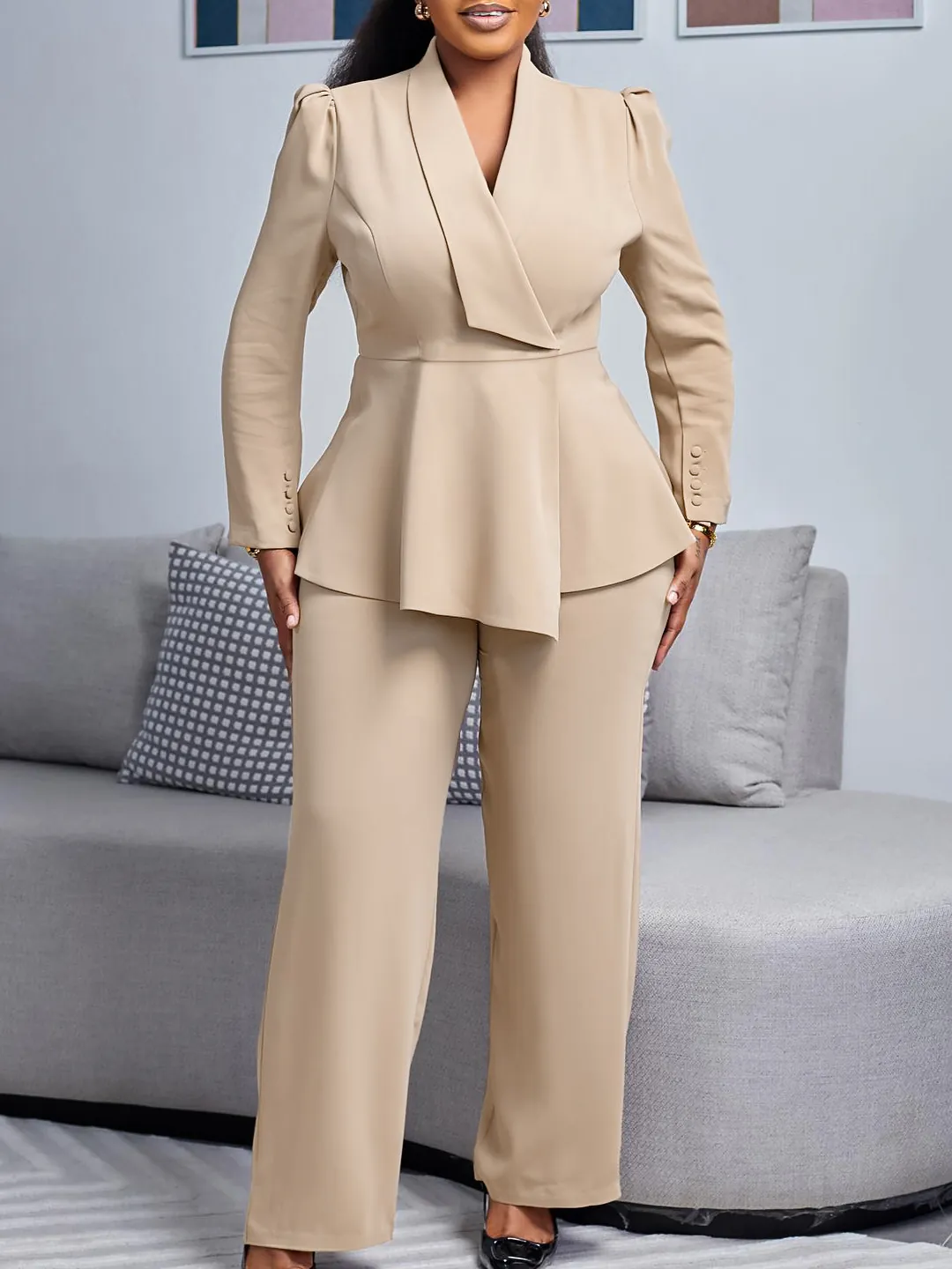 Elegant Women Peplum Top And Wide Leg Pants Two Piece Outfit Solid Color Office Lady Long Sleeve Polyester Fashion Suit