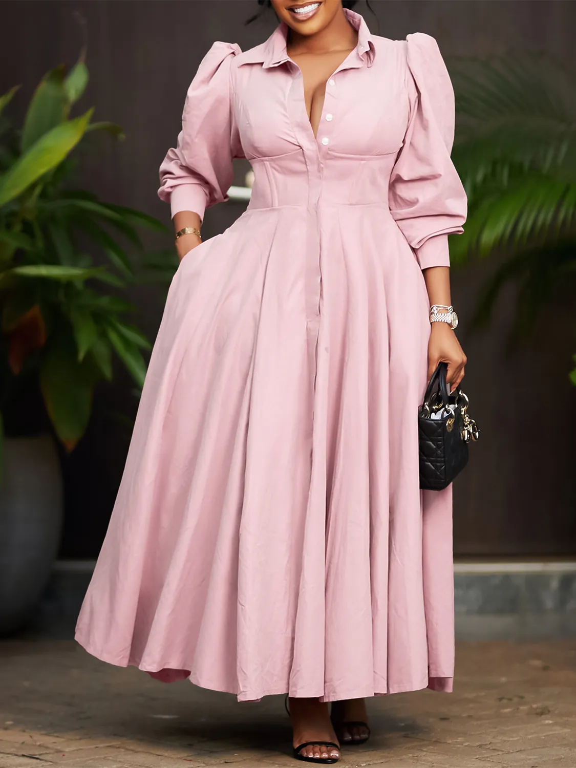 Elegant Women Solid Color Long Sleeve Shirt Dress Puff Sleeve High Waist Big Swing A-Line Maxi Dress Fashion Party Wear
