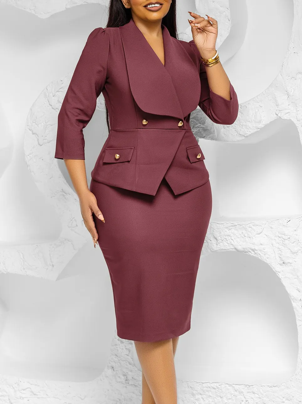 Damen Professionelles Bodycon Kleid Großes Revers Slim Business Midi Kleid Goldene Knöpfe Dreiviertelarm Büro Elegante Party Wear