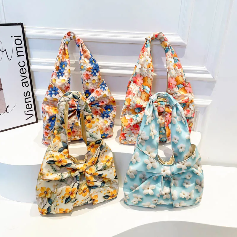 Moda Bolso Tote Floral con Lazo Mujeres 2025 Verano Gran Capacidad Bolso de Hombro Plisado Dulce Patrón de Flores Tela Bolso