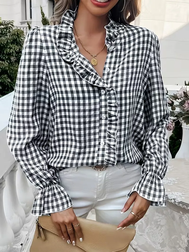 Women's French Style Plaid Long Sleeve Shirt Ruffle Stand Collar Single Breasted Casual Button Down Blouse Top