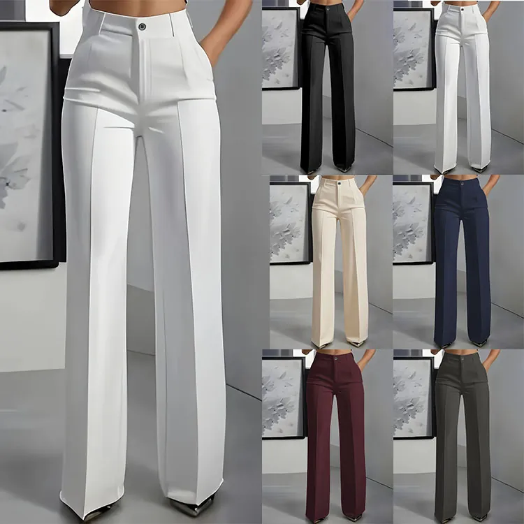 Women High Waist Draped Straight Leg Suit Pants Office Commuter Wide Leg Trousers Solid Color Polyester Fashion Dress Pants