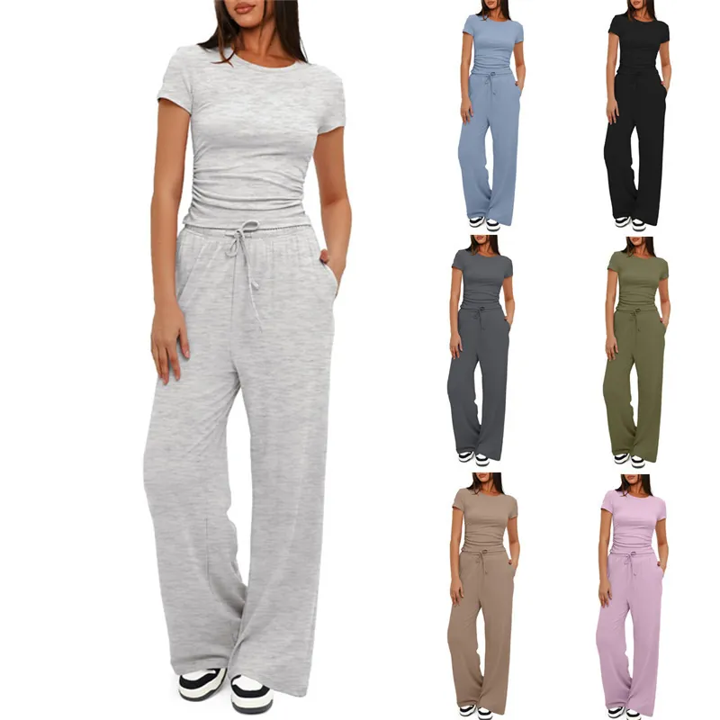 Women Casual Crew Neck Short Sleeve Ruched Top And High Waist Drawstring Wide Leg Pants Comfortable Lounge Wear Ribbed Knit Jogger Suit