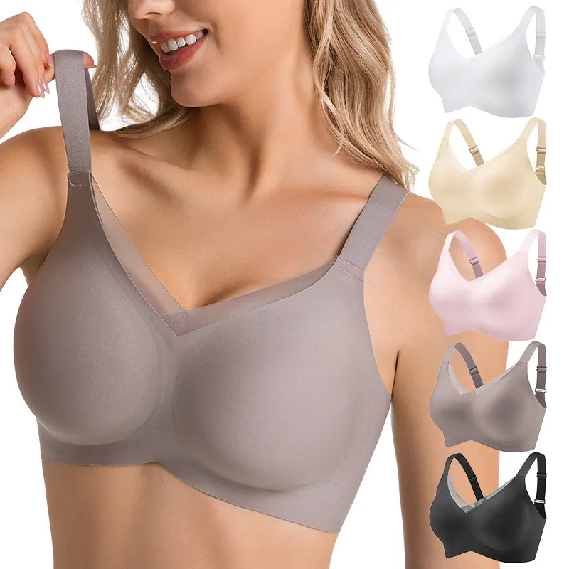 Women Seamless Wireless Bra V-Neck Breathable Mesh Push Up Bra Comfortable 3D Molded Cup Back Fat Smoothing Lingerie