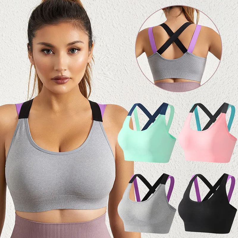 Women's Seamless Sports Bra Wireless Push Up Contrast Straps Padded Yoga Bra Top For Fitness Gym Workout