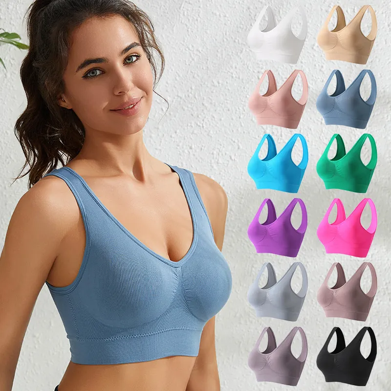 Soutien-gorge de Sport Sans Couture Sans Armatures Pour Femmes Nylon Élasthanne Haut de Yoga Antichoc Grande Taille Confortable Respirant Sous-vêtement