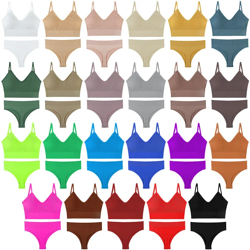 French Style Seamless Ribbed Bra And Panty Set Wireless Breathable Padded V Neck Top And Bottom For Women Comfortable Lingerie