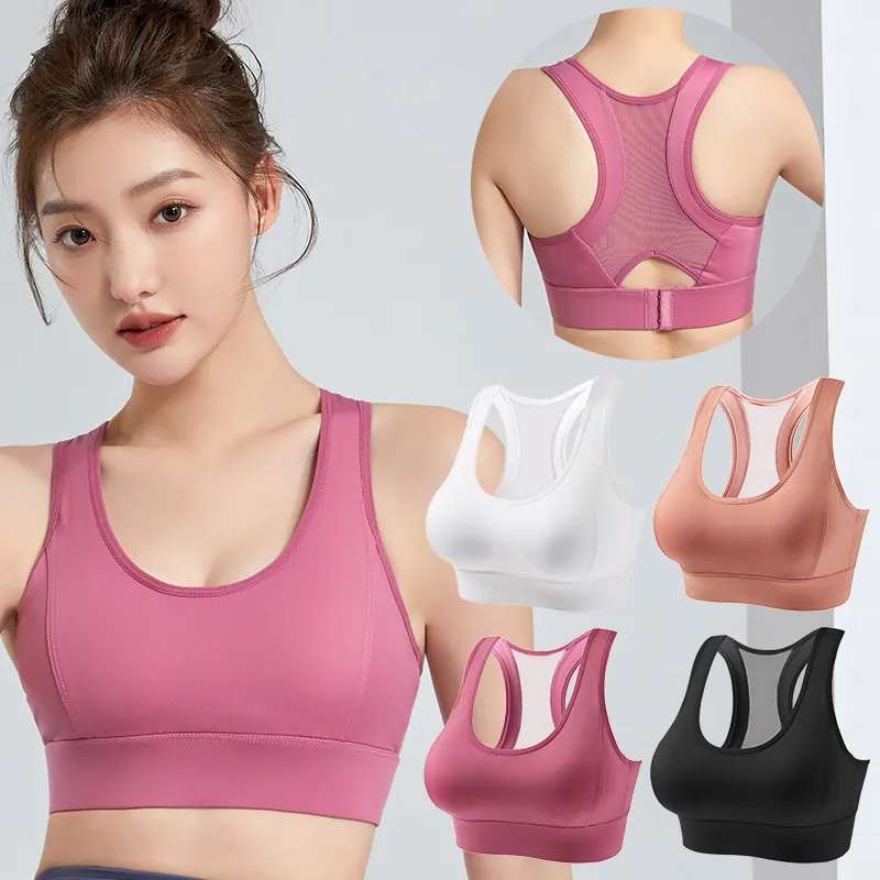 Women Wireless Sports Bra Seamless Push Up Racerback Mesh Breathable Padded Yoga Gym Fitness Top Activewear