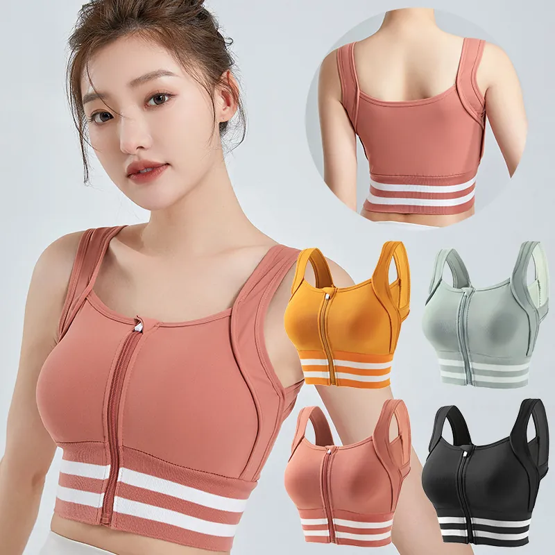 Damen High Impact Sport-BH Reißverschluss Vorne Atmungsaktiv Nylon Gepolstert Racerback Yoga Crop Top Fitness Bralette