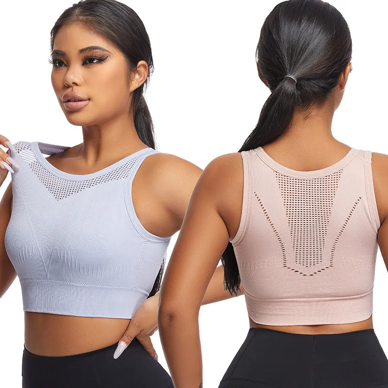 Women Seamless Mesh Sports Bra Shockproof Wireless Padded Yoga Top Fitness Running Gym High Impact Knitted Activewear