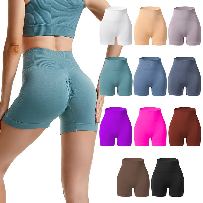 Pantaloncini da Yoga Senza Cuciture a Vita Alta da Donna Push Up Palestra Fitness a Costine Compressione Sportiva