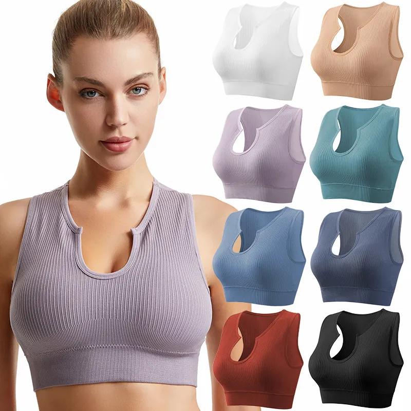 Seamless Ribbed Sports Bra For Women High Impact Shockproof Yoga Bra Wireless Push Up Notched U-Neck Gym Tank Top